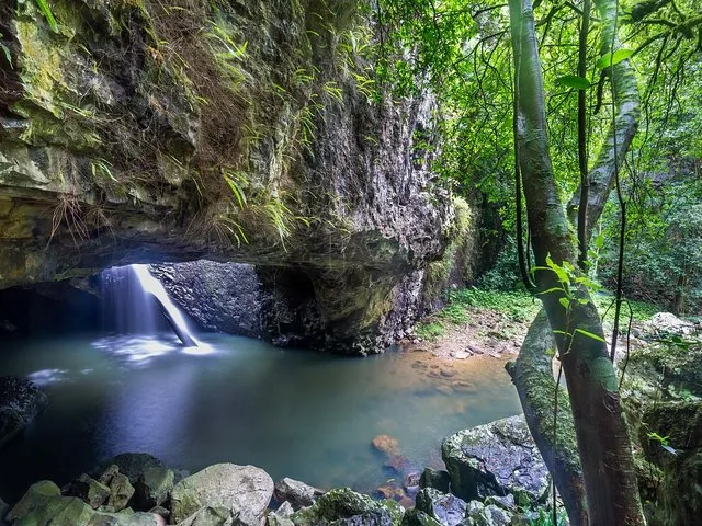 A waterfall flows into a pool surrounded by rocky cliffs and lush green trees.