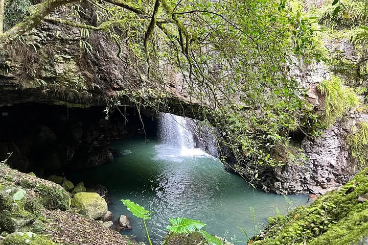 Scenic view of Natural Bridge waterfall cascading into a glowing rock pool