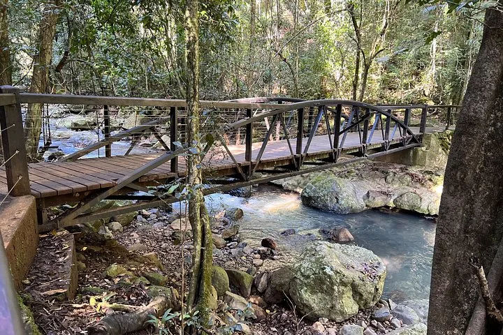 Metal and wood pedestrian bridge crossing a rocky stream in a forest